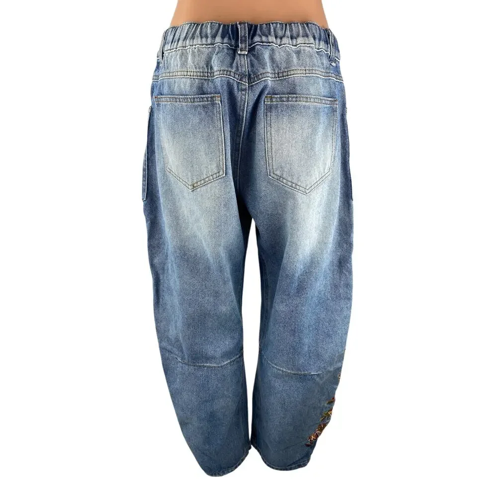 Women's Blue High Waisted Floral Embroidered Welt Pocket Barrel Denim Jeans Sz L